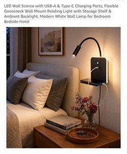 LED Wall Sconce with USB-A & Type-C Charging Ports, Flexible Gooseneck Wall Mount Reading Light with Storage Shelf