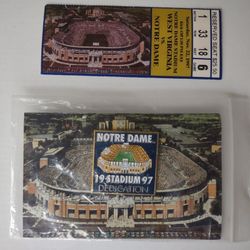 Notre Dame Fighting Irish Memorabilia 97' Stadium Dedication Pin& Game Ticket, 1997 Stadium Dedication Pin ,1997 Ticket