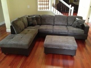 Gray microfiber sectional couch and ottoman