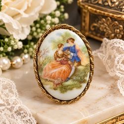 Vintage Porcelain Cameo Brooch Gold Tone Frame