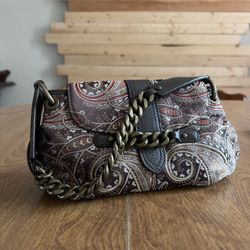 J. Crew Brown Faux Leather Paisley Silk Pattern Gold Brass Chain Strap Small Bag