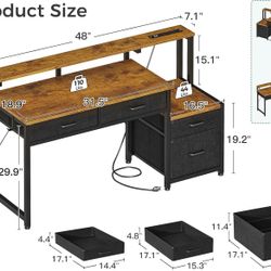 Computer Desk with 4 Drawers, 48 Inch Office Desk with Printer Shelf & Built-in Power Outlet, Work Desk with Monitor Shelf for Home Small Spaces，grey