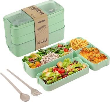 Green Stackable Bento Lunch Box Kit, 3-In-1 Compartment Wheat Straw Lunch Containers with Tableware, Reusable On-the-Go Meal and Snack Containers