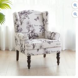 Wingback Accent Chair, Upholstered Mid Century Modern Armchair with Solid Wood Legs, Fabric Linen Leisure Single Sofa Chair for Living Room, Bedroom, 