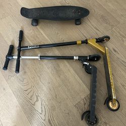Skateboard and Two Scooters