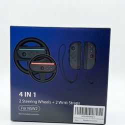 Switch 2 Steering Wheels and Wrist Straps for Switch 2 Joycon Controller, Controller Attachment for Switch 2 Accessories, Black & 4 Pack