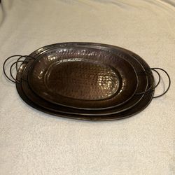 set of 3 Old Dutch International Hammered Copper Oval Trays with Cast Brass Handles. 