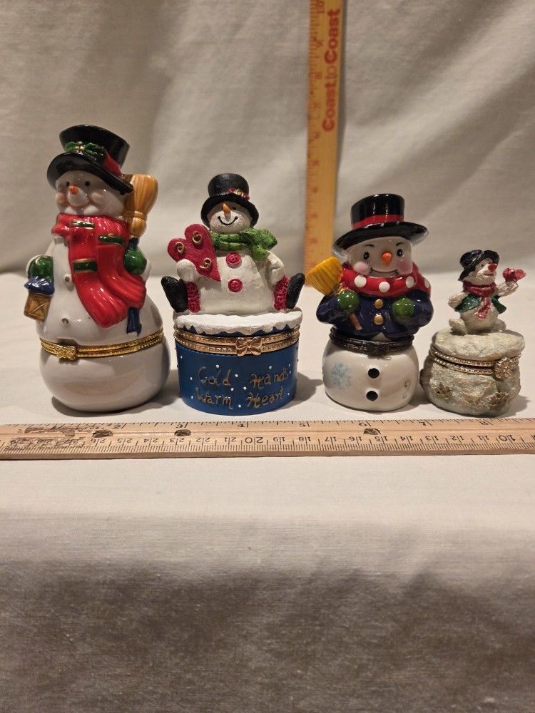 "Snowman" Porcelain Hinged Trinket Boxes-lot Of 4