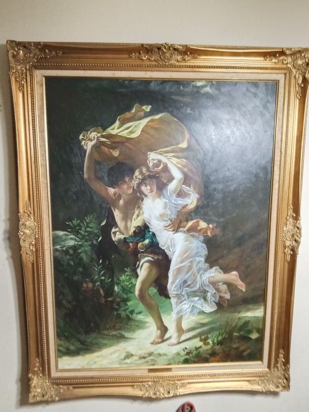 "The Storm" Oil Painting Reproduction Signed Large Vintage 1970s Pairing Hand Painted Artwork Art