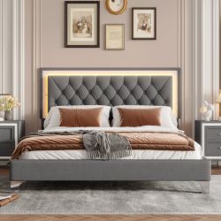 Odette Queen Size Velvet Platform Bed Frame with LED Lights and Tufted Headboard