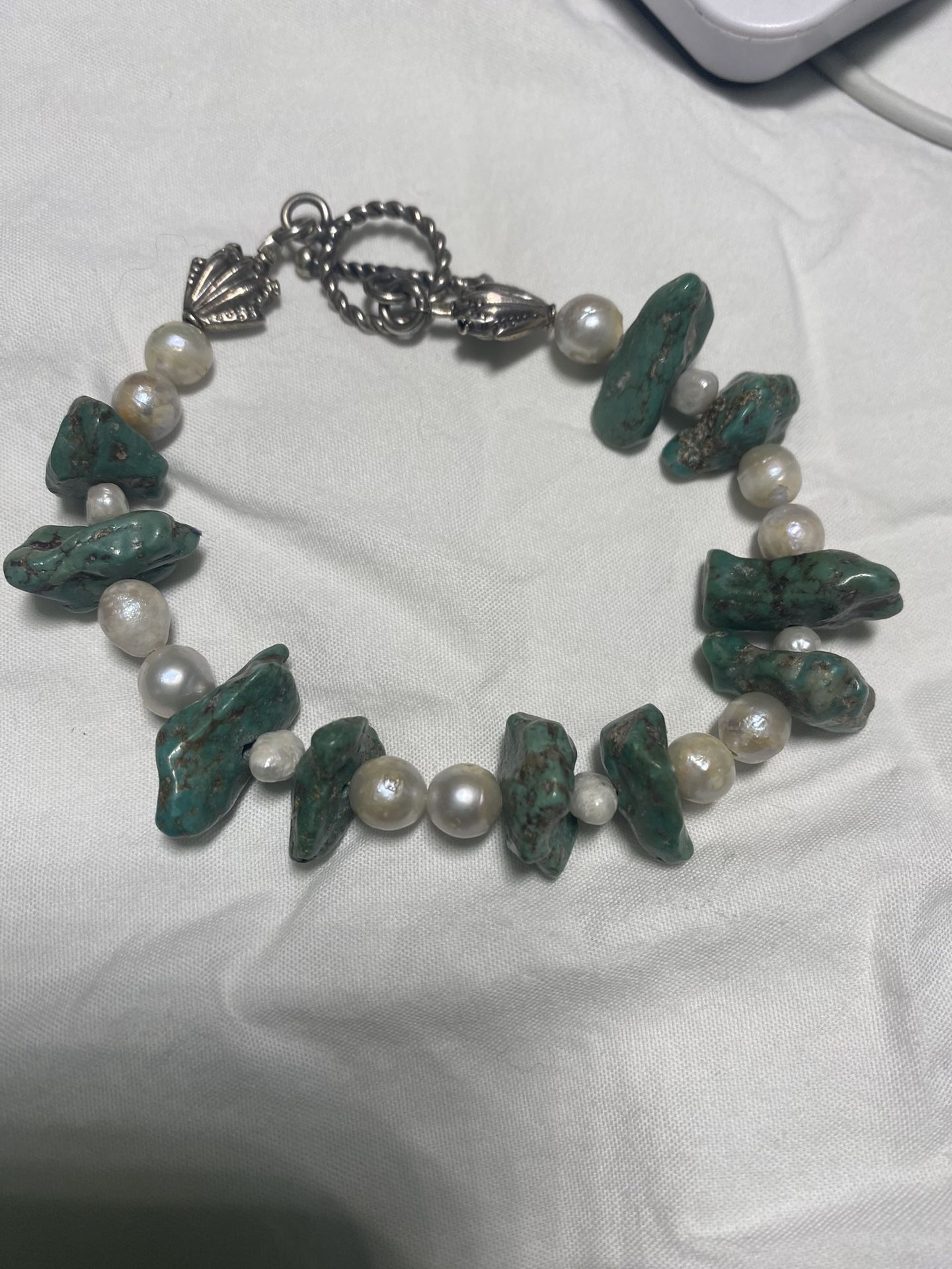 Pearl With Turquoise Colored Stone Bracelet