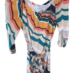 Trina Turk Belted Trellis Chevron Pattern Off Shoulder Silk Dress Size 2