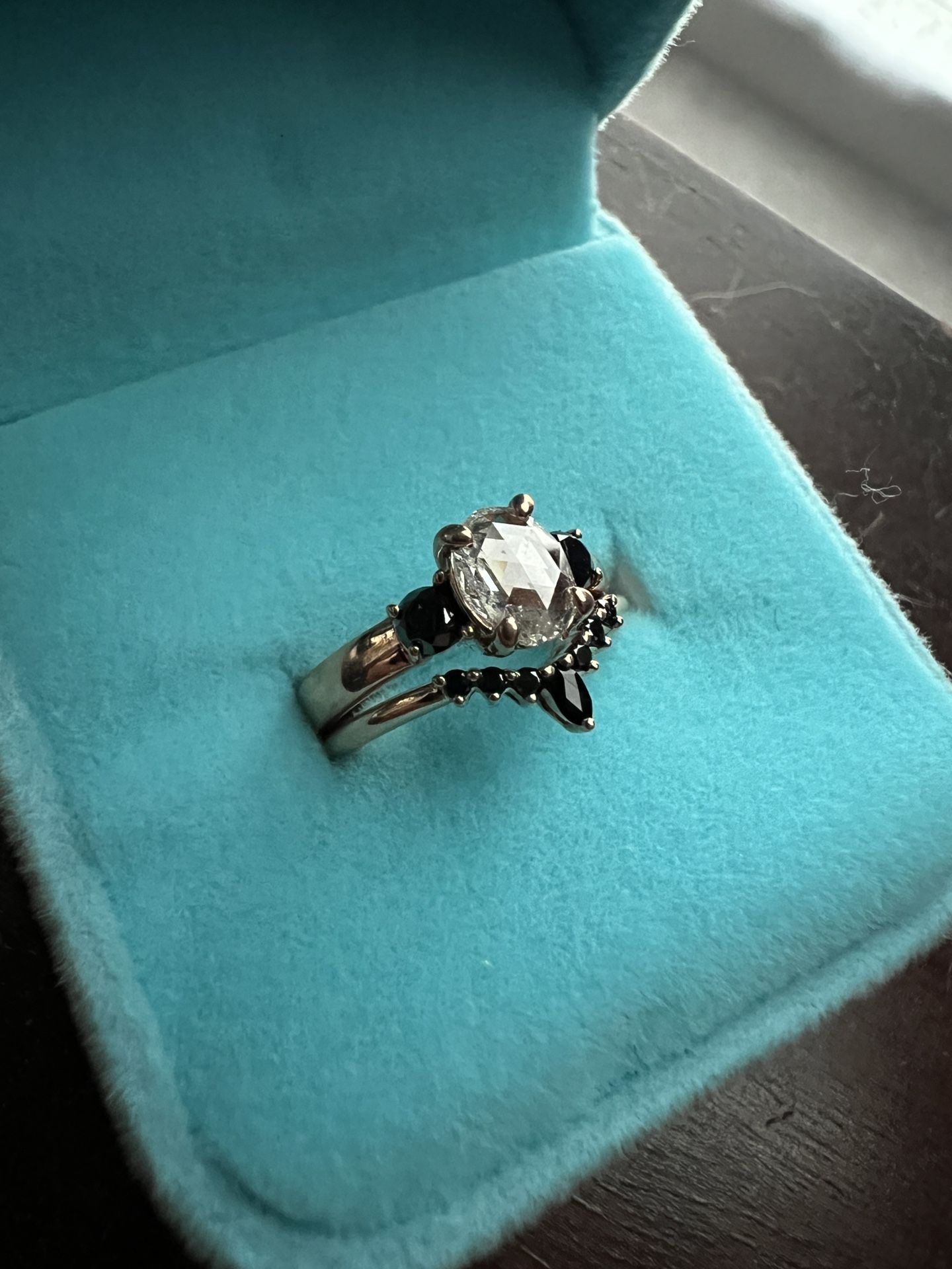 Rose gold, diamond, & black diamond engagement & wedding band set