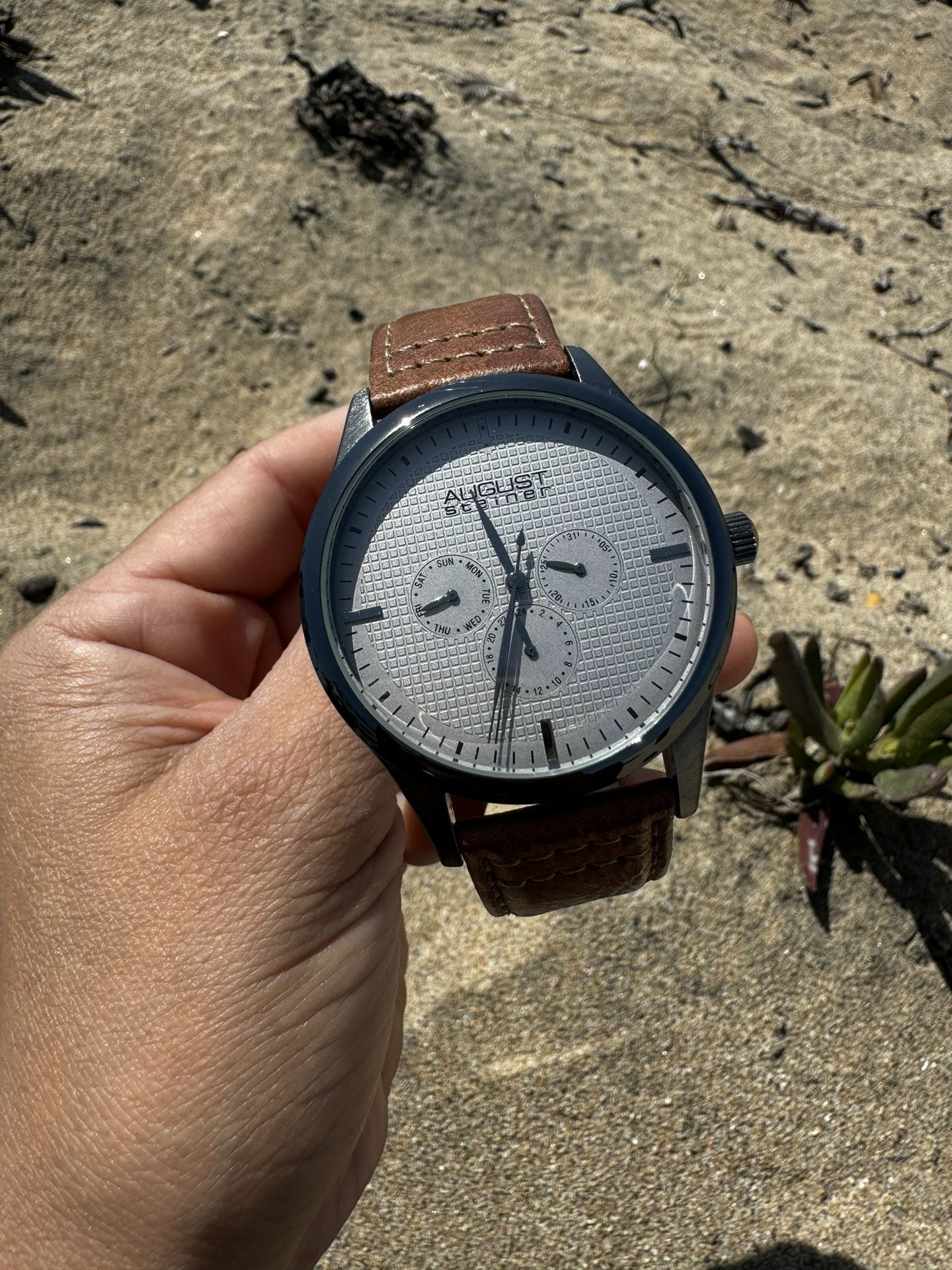 Men's August Steiner Watch - Brown Strap/Silver & Black Dial