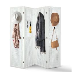 4 Panel Carving Room Divider,5.6Ft Tall Wooden Screen,Folding Partition Privacy Wall,White 