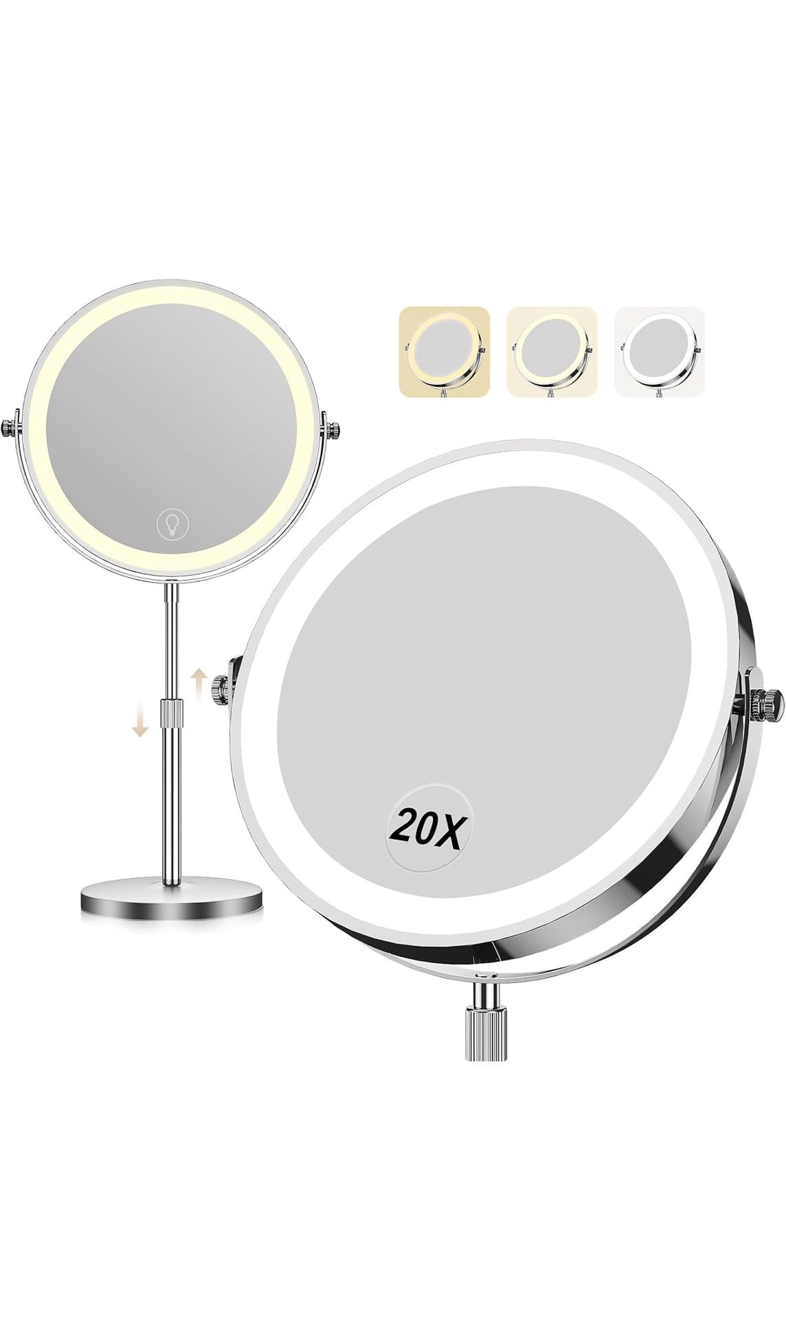 Makeup Mirror with Lights, 1x/20x 360° Rotation Vanity Mirror, Brightness Adjustable Lighted Makeup Mirror with Magnification, 5000 mAh Rechargeable D