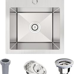 Bar Sink,15 x 15 inch Drop in Kitchen Sink,Small Kitchen Sink for RV,18 Gauge Stainless Steel Topmount Bar Sink with Strain