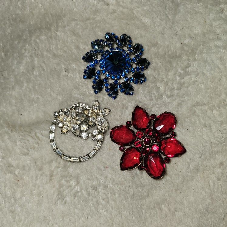 Three Rhinestone Brooches Pins