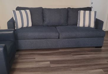 Dark Blue Gray Fabric Sofa with Accent Pillows