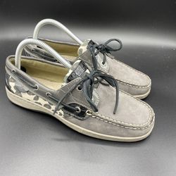 Sperry Top Sider Khaki Leopard Print patent leather Suede Boat Shoes Womens 8.5M