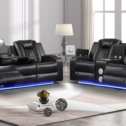 π» Sofa And Loveseat, Power Recliner, Black Leather, New In The Box.