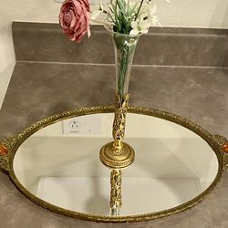Vintage Vanity Mirror Tray Gold Filigree Amber Stones Hollywood Regency & Matching Vase