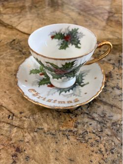 VINTAGE NORCREST FOOTED CUP & SAUCER CHRISTMAS HOLLY DESIGN