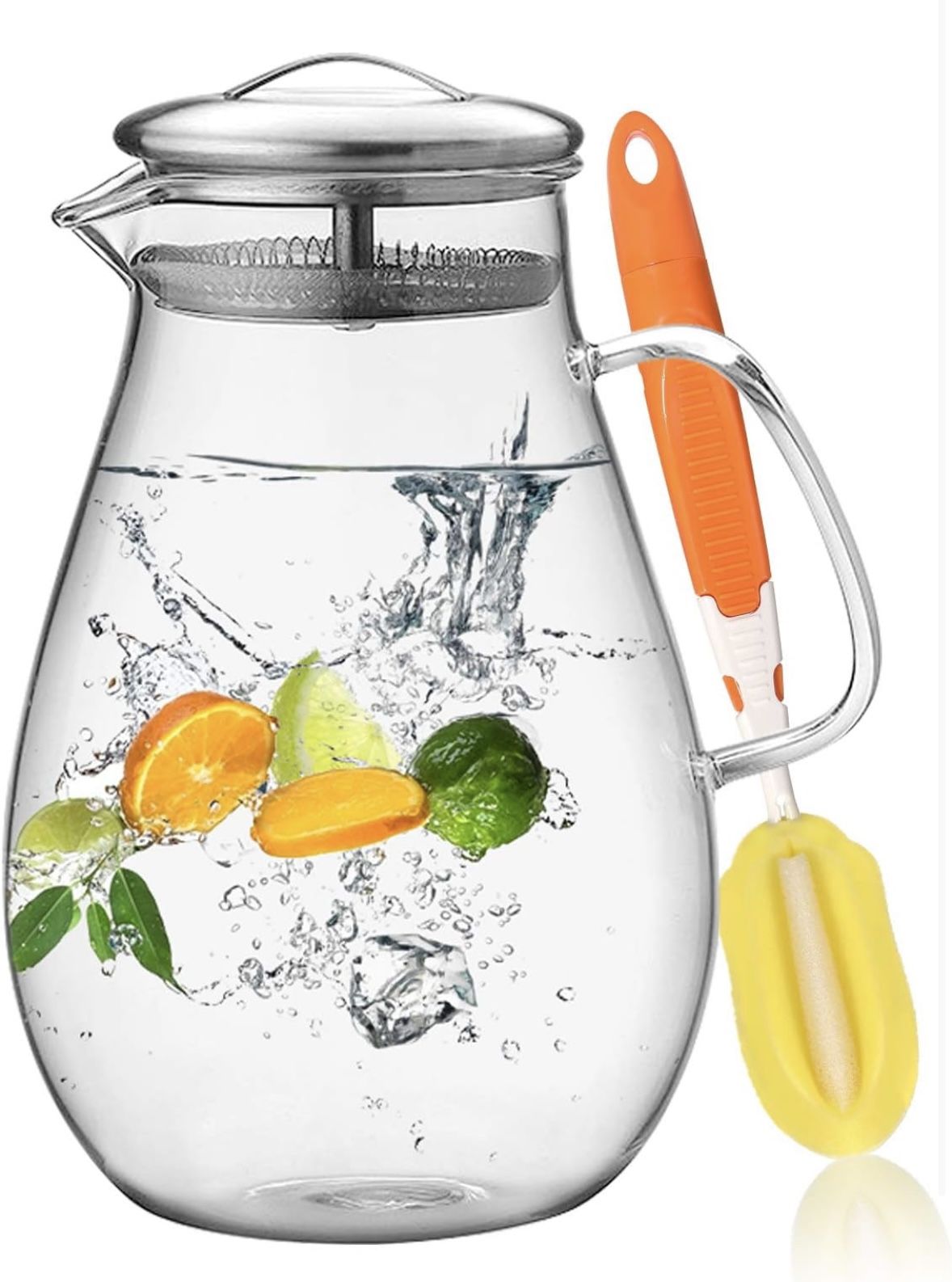 64 Oz Glass Pitcher w Stainless Steel Lid / Water Carafe w Handle - Good for Water, Juice, Sangria