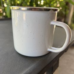Enamel Mug White Camping Coffee Mug with Handle Silver Rim Portable Drinking Cup Metal Round Camp Enamel Cup for Tea and Hot Chocolate Christmas (16 o