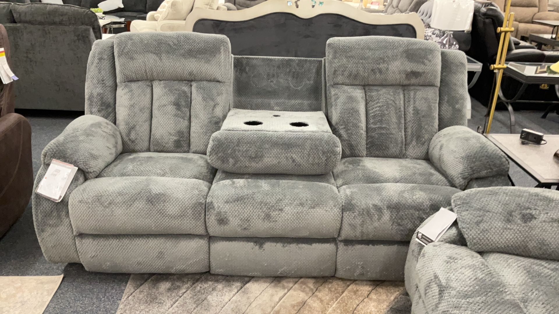 Grey Material Power Reclining Sofa With Cup Holders And USB Charger Now $999 Was $1399