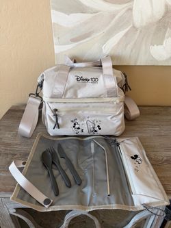 Picnic TIME Disney 100  Mickey Mouse Insulated Lunch Bag,  Lunch Box with Picnic Set, Expandable Cooler Tote with Utensils and Straw, Halo Gray