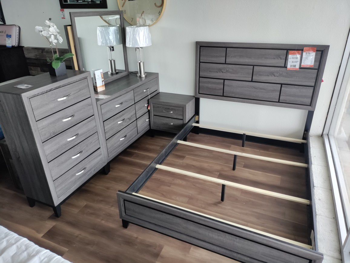 Brand New 4pc Queen Bedroom Set In Grey (No Chest)