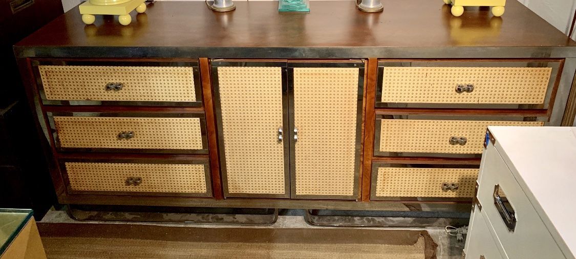 MID CENTURY MODERN BURL CREDENZA WITH CANE DRAWER AND DOOR FRONTS