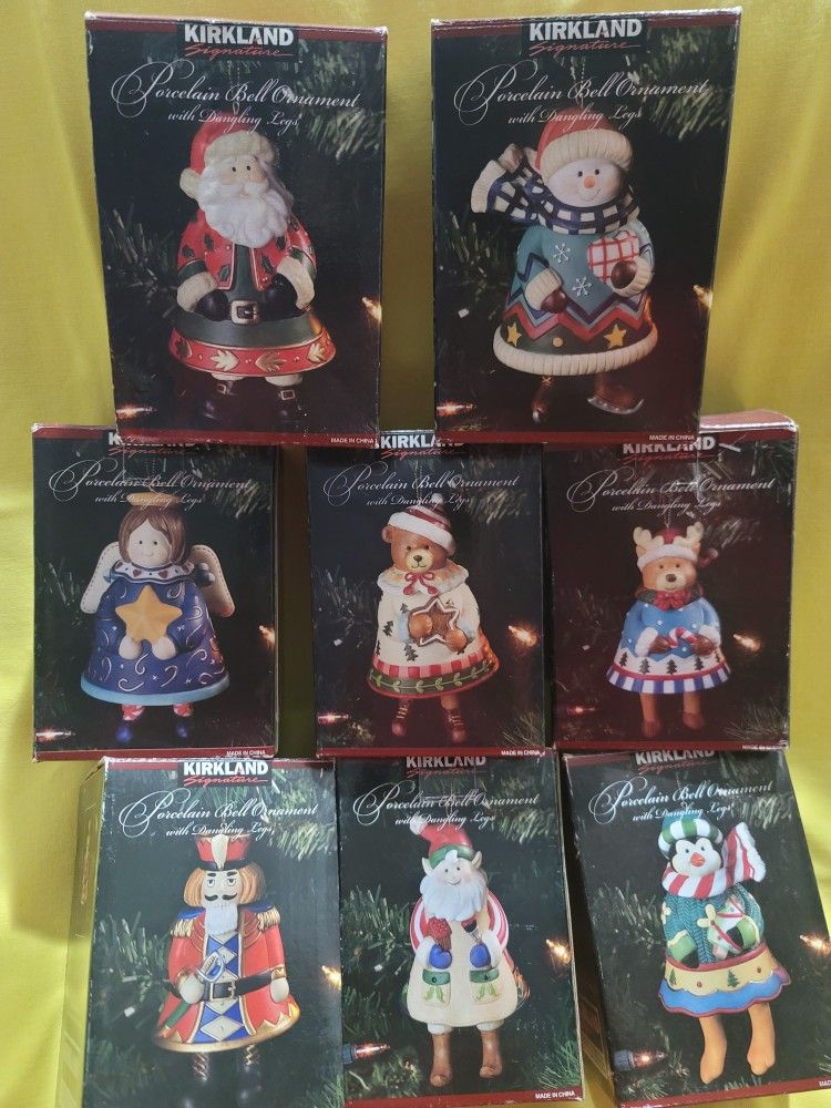 PORCELAIN  BELL ORNAMENT  WITH DANGING LEGS  8 BOXES BRAND NEW SELLING TOGETHER 