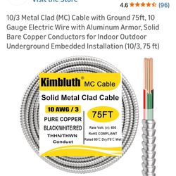 10/3 Metal Clad (MC) Cable with Ground 75ft, 10 Gauge Electric Wire with Aluminum Armor, Solid Bare Copper Conductors for Indoor Outdoor Underground E
