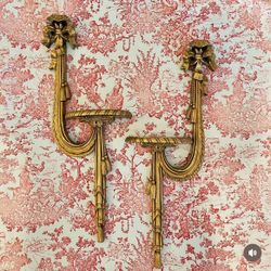 Vintage 1960s 24” H Italian Ribbon and Tassel Swag Wall Shelves - Pair