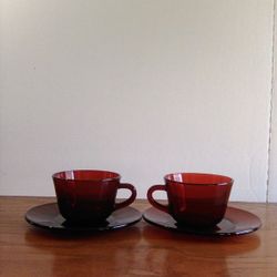 Vintage Ruby Red Glass Cups & Saucers