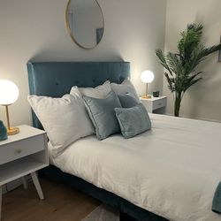 Like New - Queen Sized Teal Velvet Bed Frame