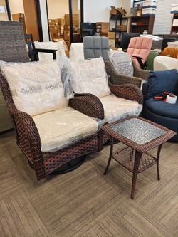 3 Pieces Outdoor Patio Furniture Set, Rattan Wicker Swivel Rocker Chairs Sets with Swivel Glider Chairs and Coffee Table