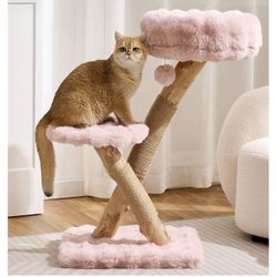 Modern Solid Wood Cat Tower for Large Indoor Cats, 33" Pear Wooden Branch Aesthetic Cat Tree with Scratching Post & Hanging Plush Ball for