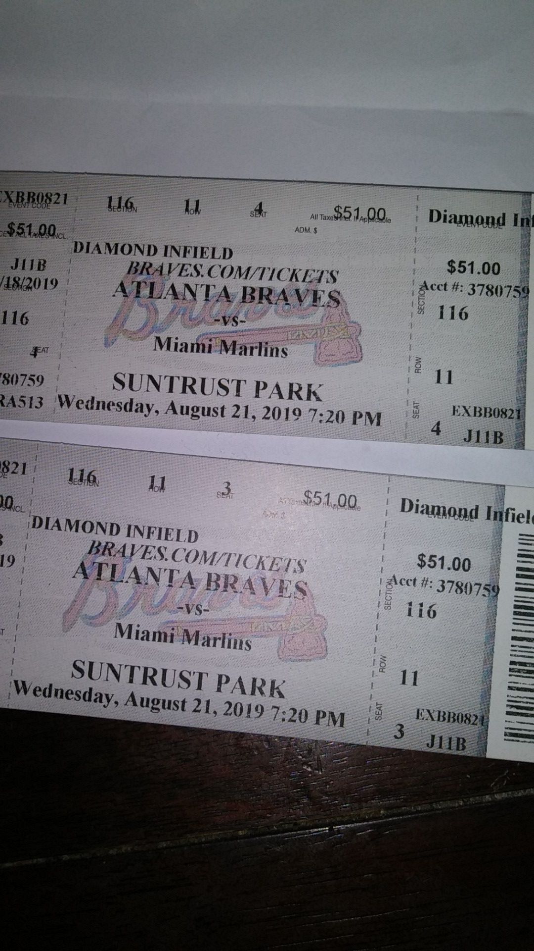 2 3rd base tickets for the Atlanta braves Game seat#3,4 row11 section116. Only for todays game.
