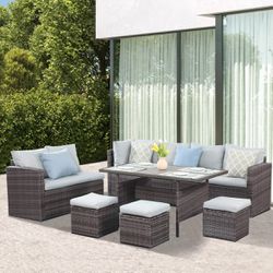 7 Pcs Outdoor Patio Sectional Dining Table Furniture Sofa Sets All Weather PE Wicker Rattan Conversation Set With Ottoman and Cushions, Gray