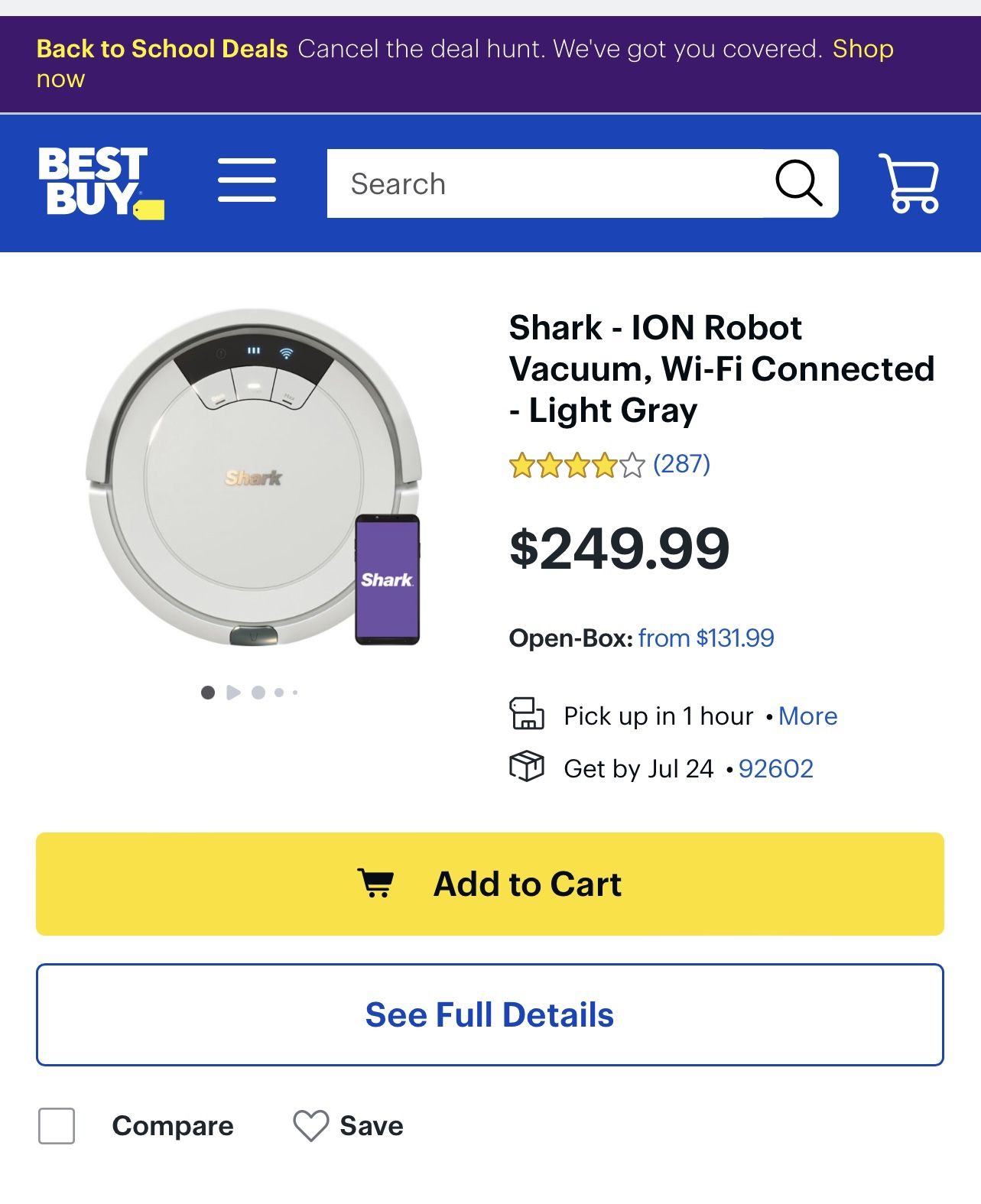 Shark ION Robot Vacuum, Wi Fi Connected Light Gray