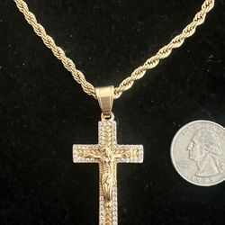 Iced Simulated Diamond Jesus Cross Pendant + 4MM or 6mm 18k Gold over Stainless Steel Rope Chain