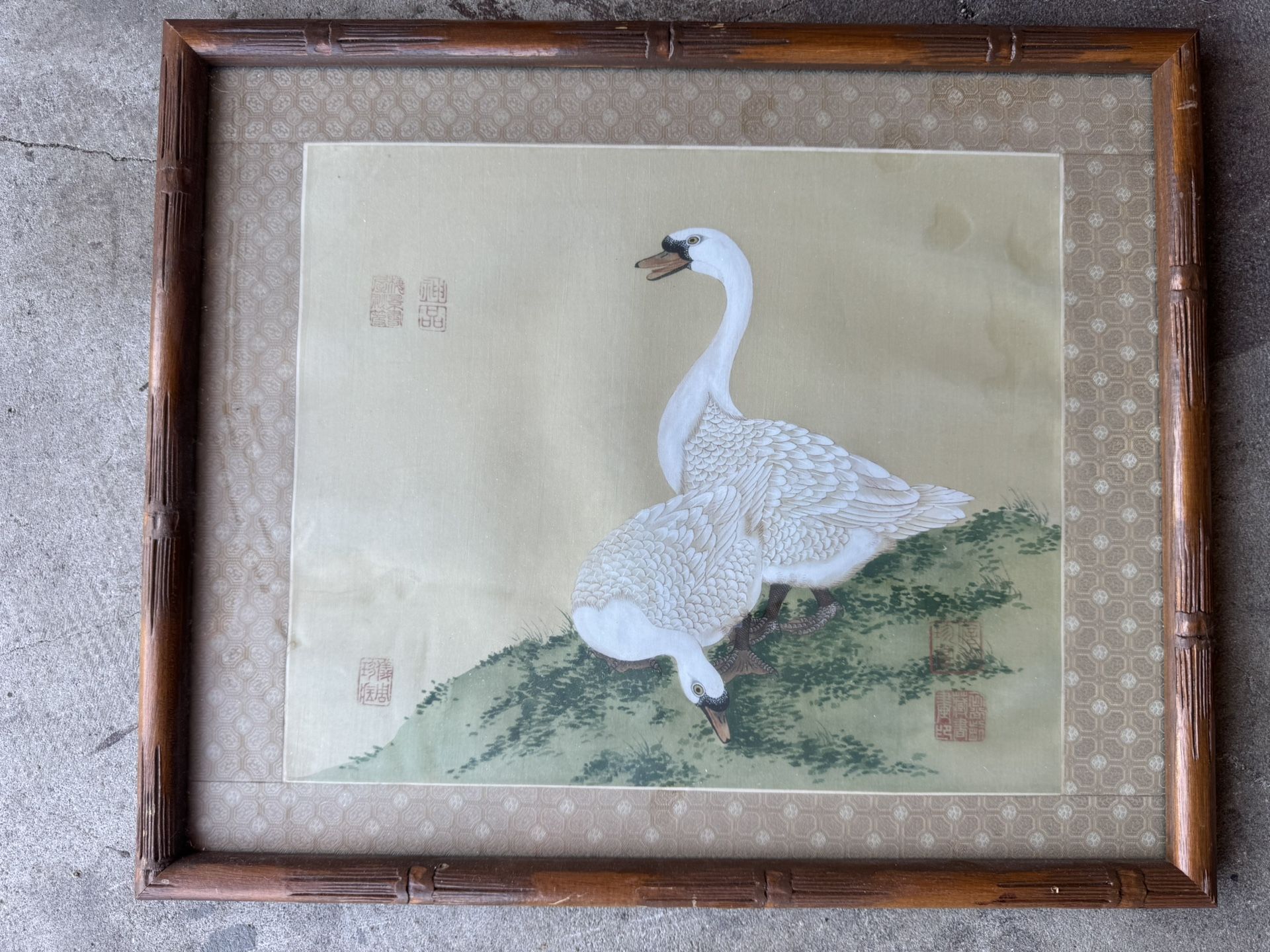Antique Chinese Oil Painting On Silk White Geese Framed
