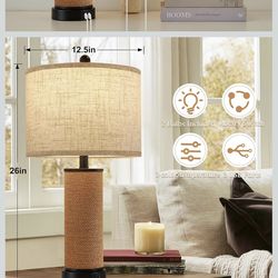 GyroVu Set of 2 Rattan Table Lamps with USB C+A Ports, Wicker Lamps (2 Bulbs Included)