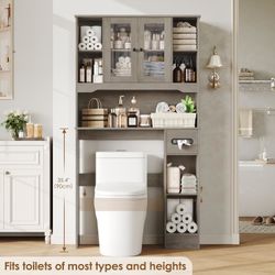 Over The Toilet Storage Cabinet, Over Toilet Bathroom Organizer with 2 Glass Doors & Paper Holder, Bathroom Shelves Over Toilet with Adjustable Shelve