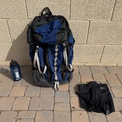 Backpacking Kelty backpack with Internal Frame, REI water Bottle And Gators