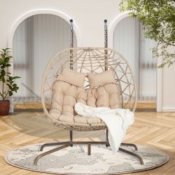 Double Egg Chair with Stand Hanging Indoor Outdoor Wicker Rattan Patio Basket Egg Swing Chair Hammock Egg Chairs with UV Resistant Cushions 600 lbs fo