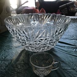 Vintage Anchor Hocking Glass Punch Bowl with 12 Cups